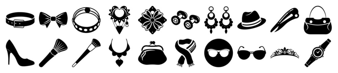 Vector art of collection of black fashion accessories and jewelry icons, isolated on a, including a belt, bow tie, necklace, earrings, hat, sunglasses, handbag, high heel shoe, watch, and more