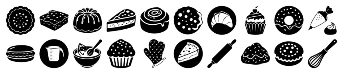 Vector art of collection of black and white icons representing various baked goods, desserts, and baking tools, isolated on a