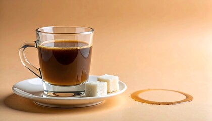 A clear glass cup filled with dark coffee sits on a white saucer, next to two sugar cubes. A ring stain from a spilled drink is visible on a soft beige surface, symbolizing recovery.