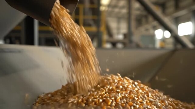 A steady stream of golden corn kernels cascades from an industrial chute into a large bin for processing