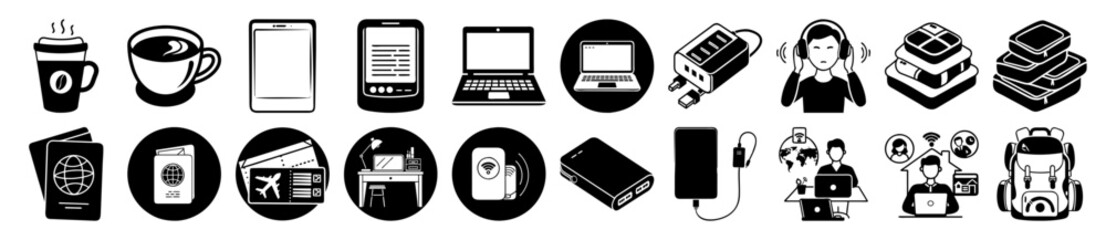 Vector art of collection of travel and technology icons including coffee cups, passports, tickets, laptops, smartphones, power banks, headphones, and a backpack