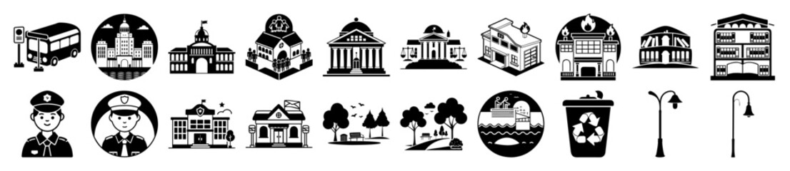 Vector art of collection of black and white vector icons representing city elements, including buildings, public transport, and personnel