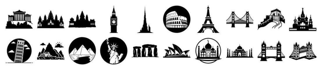 Vector art of collection of famous world landmarks and architectural icons in black and white silhouette style