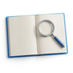 3d open book with magnifying glass isolated on transparent background