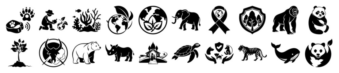 Vector art of collection of black and white icons representing environmental conservation, endangered animals, and nature protection