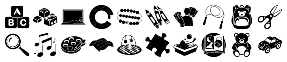 Vector art of collection of black and white icons representing various childrens toys and learning tools, isolated on a