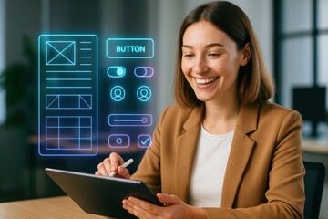 Innovative user interface design workshop modern office digital content professional environment close-up view user experience concept