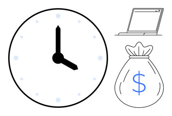 Clock indicating time, a laptop, and a money bag highlight time value, productivity, and financial efficiency. Ideal for business planning, time-saving, work-life balance, strategy efficiency