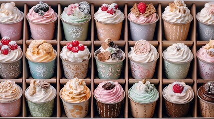 Colorful cupcakes decorated with cream and sweet toppings