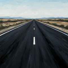 Open highway stretching through a desert landscape under blue sky  