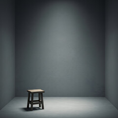 Empty dark room with wooden stool illuminated by spotlight  