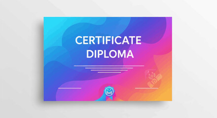 Colorful Certificate Diploma with Abstract Wavy Design and Seal.