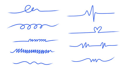 Blue Line Drawing: Varied Decorative Dividers, Vector Design, Abstract Wavy Shapes, Hand-Drawn Elements, Minimalist Style, Simple Graphic Illustration