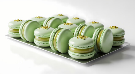 Pistachio macarons in a silver tray with soft studio lighting for a bakery advertisement.