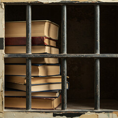 Stacked books behind prison bars in an old cell  