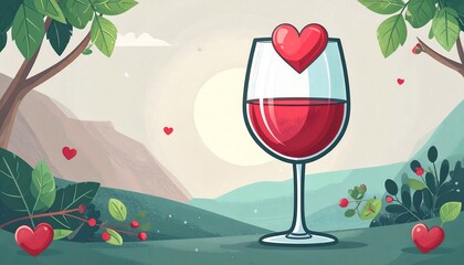 Animated wine glass with a heart in a field of green hills and trees at sunset