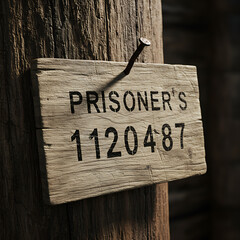 Wooden prisoner's ID tag nailed to rustic wooden post  
