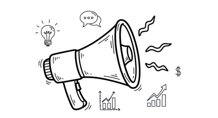 Hand-drawn megaphone with business and communication icons. © Leo