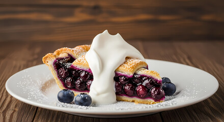 Blueberry pie with whipped cream on white plate in warm natural lighting for dessert advertising.