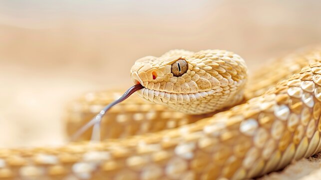 Closeup of a rattlesnakes head with its tongue flicking in the desert sand