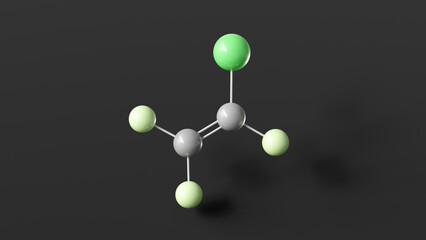 polychlorotrifluoroethylene molecule 3d, molecular structure, ball and stick model, structural chemical formula polymer