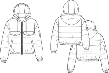 Puffer jacket technical flat sketch, fashion CAD drawing, vector illustration, apparel design template, front back side view, winter clothing design, outerwear, streetwear fashion