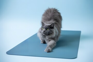 Gray tabby cat stretching on a blue yoga mat, pet fitness and animal behavior concept