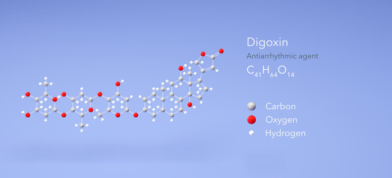 digoxin molecule, molecular structure, antiarrhythmic agent 3d model, Structural Chemical Formula and Atoms with Color Coding