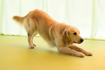 Golden retriever stretching on the floor, happy dog doing a playful bow after a nap