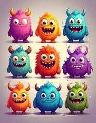 Fototapeta premium Nine colorful cartoon monsters