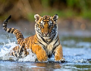 Tiger cub running through water