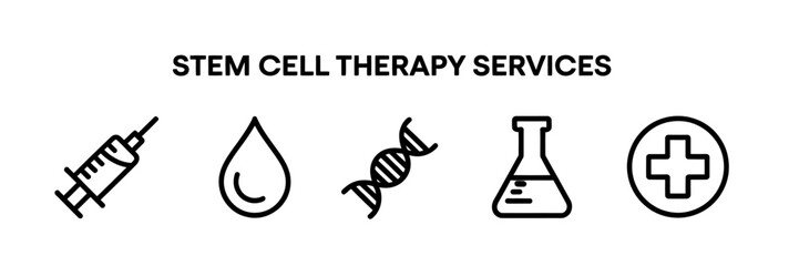 Obraz premium Stem Cell Therapy Services Vector Icons Syringe Drop DNA Flask and Medical Cross for Regenerative Medicine and Healthcare