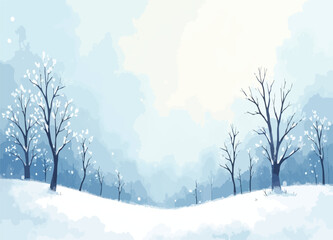 Frosty winter watercolor scene with falling snowflakes