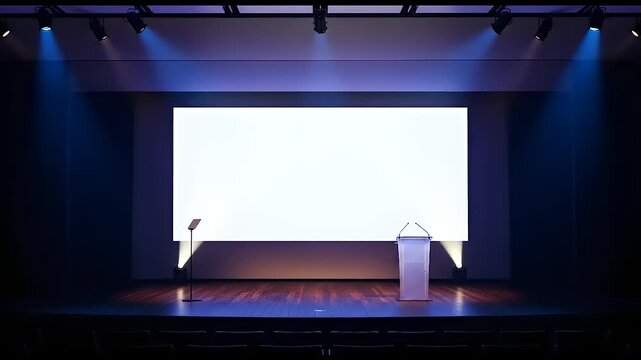 Empty conference stage with blank screen. (1)