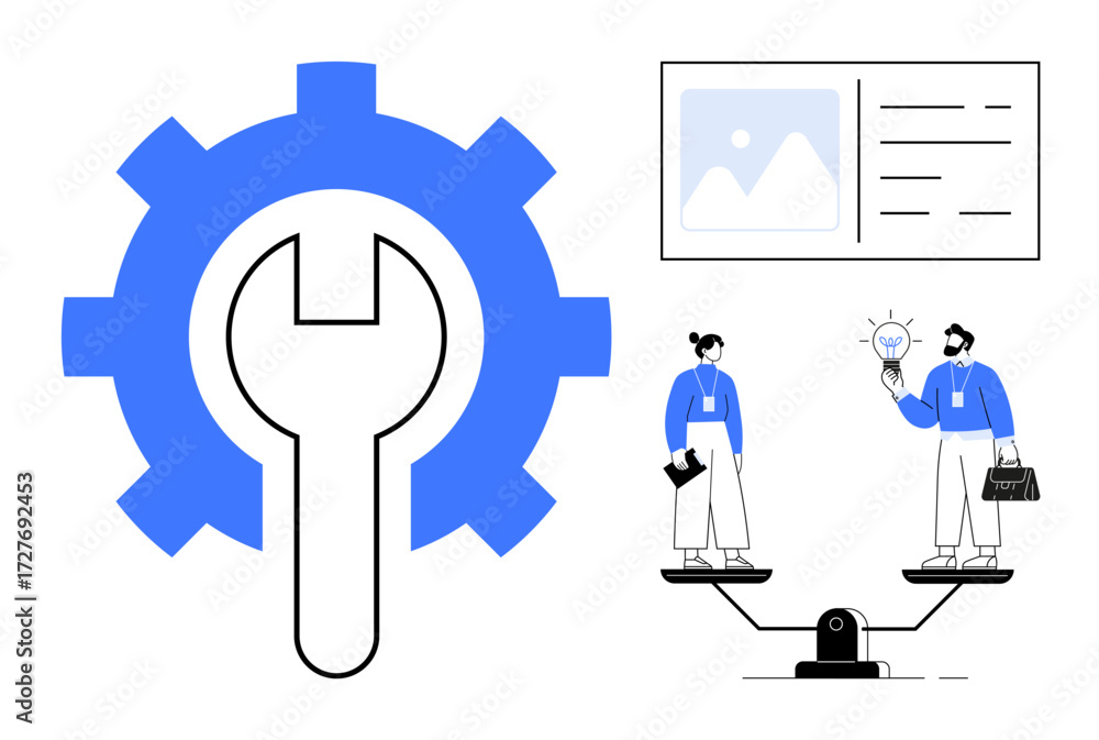 Poster wrench inside gear, two figures on balance scale sharing ideas, and filedocument interface. ideal fo