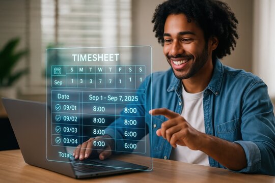 Employee timesheet management home office digital tools bright environment close-up view productivity and organization