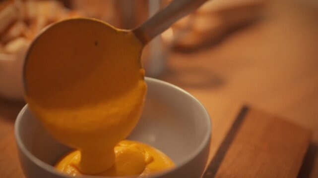 A man carefully spoons pumpkin puree into a small bowl. A cozy kitchen atmosphere, ready-made creamy pumpkin soup. The process of ladling pumpkin soup into a bowl on a warm autumn evening