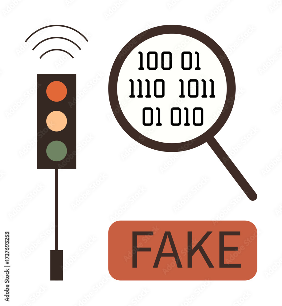 Poster magnifying glass over binary code with wireless traffic light and fake text. ideal for digital fraud