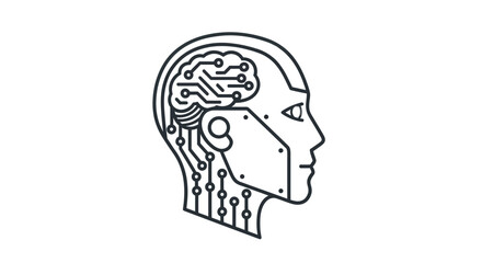 Line Art Illustration of a Robotic Head with Circuitry Brain.