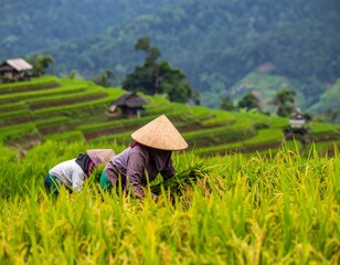 Farmers harvesting rice on terraced hills
