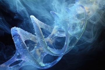 Abstract artistic rendering of DNA double helix structure, ethereal and translucent, with blue hues and smoke-like background.