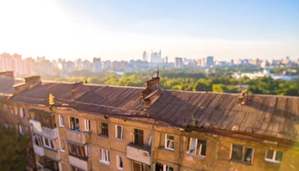 Blurred view of an aging apartment building in a cityscape during sunny golden hour