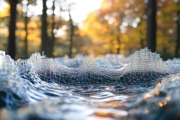 Abstract digital landscape resembling a web draped over water, set against a blurred autumnal forest backdrop.