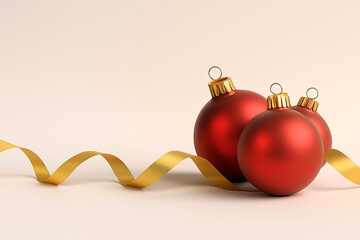 Red Christmas Baubles with Golden Ribbon on Elegant Beige Background Ai-Generated
