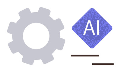 Gray gear beside a blue diamond-shaped AI block with lines underneath highlighting collaboration, innovation. Ideal for automation, technology, machine learning, engineering, AI, programming