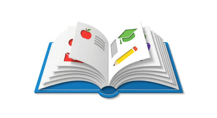 Open Illustrated Book with Blue Cover and Educational Icons.