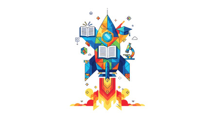 Colorful Rocket Ship Launching with Educational Symbols.