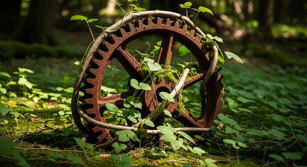 Rusted gear and vine, symbolizing progress balanced by nature's reclaim
