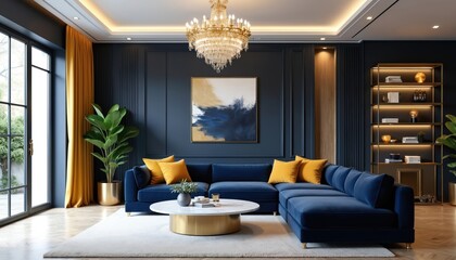 Luxurious living room features a deep blue sectional sofa with yellow pillows. Modern abstract art hangs above the couch. Elegant chandelier lights up the space. Large windows offer garden views.