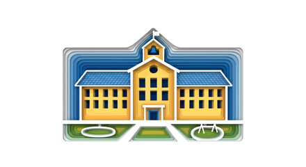 Layered illustration of a classic school building with yellow walls and blue roofs.